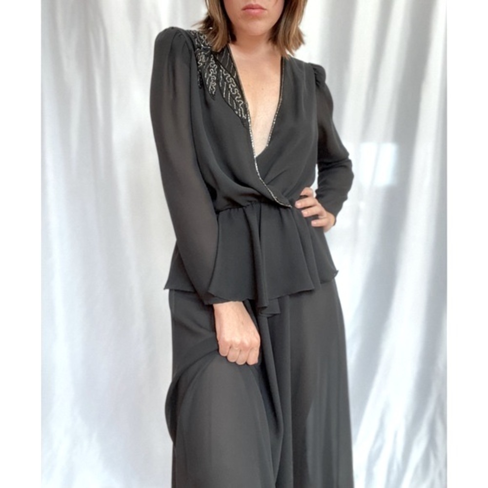 Vintage Black Sheer Peplum Dress w/ Bead Neckline